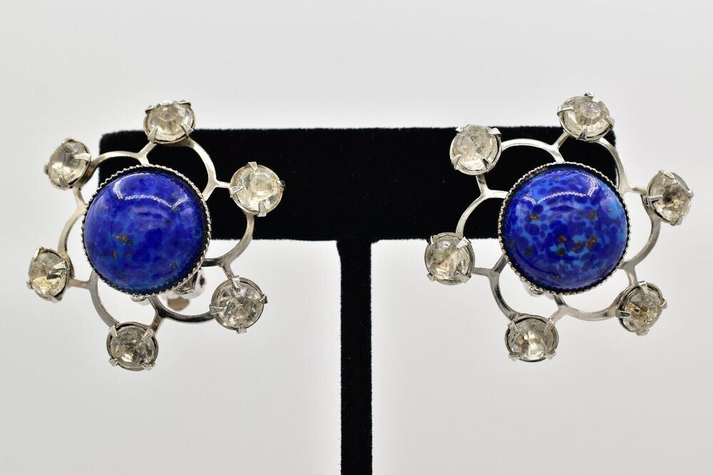 Vintage Blue Lapis Cabochon Clip On Earrings Starburst Flower Chunky 80s BinA23